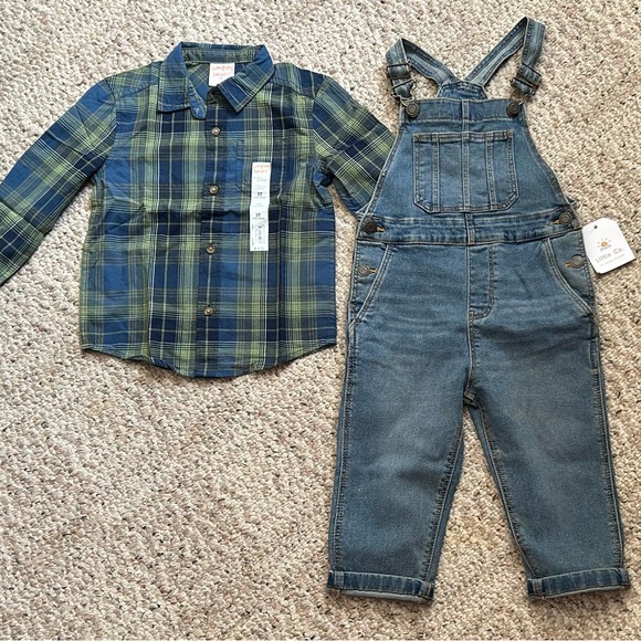 Toddler Boy Overalls and Long Sleeved Button Down Shirt Size 3T NWT - Picture 1 of 6